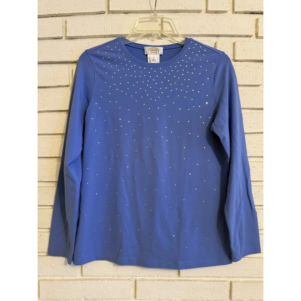 Talbots Petites Size Medium Long Sleeve Crewneck Tee Sparkles Blue